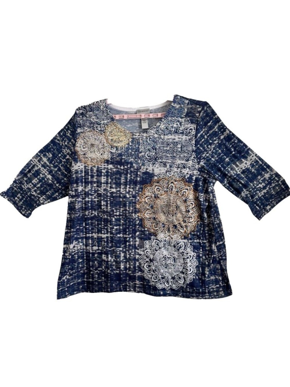 Catherines Bejeweled Tunic Top 3/4 Sleeve Blue Gold Grey SZ 1X Plus Boho Cottage - Picture 2 of 8